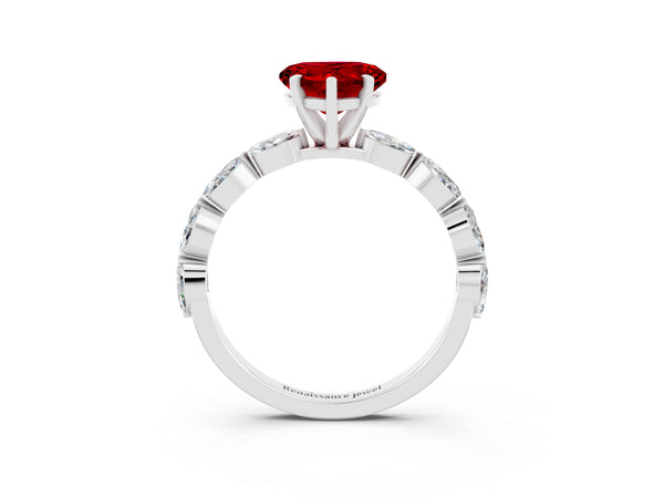 White gold Heart Cut Ruby Ring with Marquise Side Stones and Prong Setting
