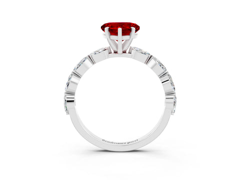 White gold Heart Cut Ruby Ring with Marquise Side Stones and Prong Setting_3