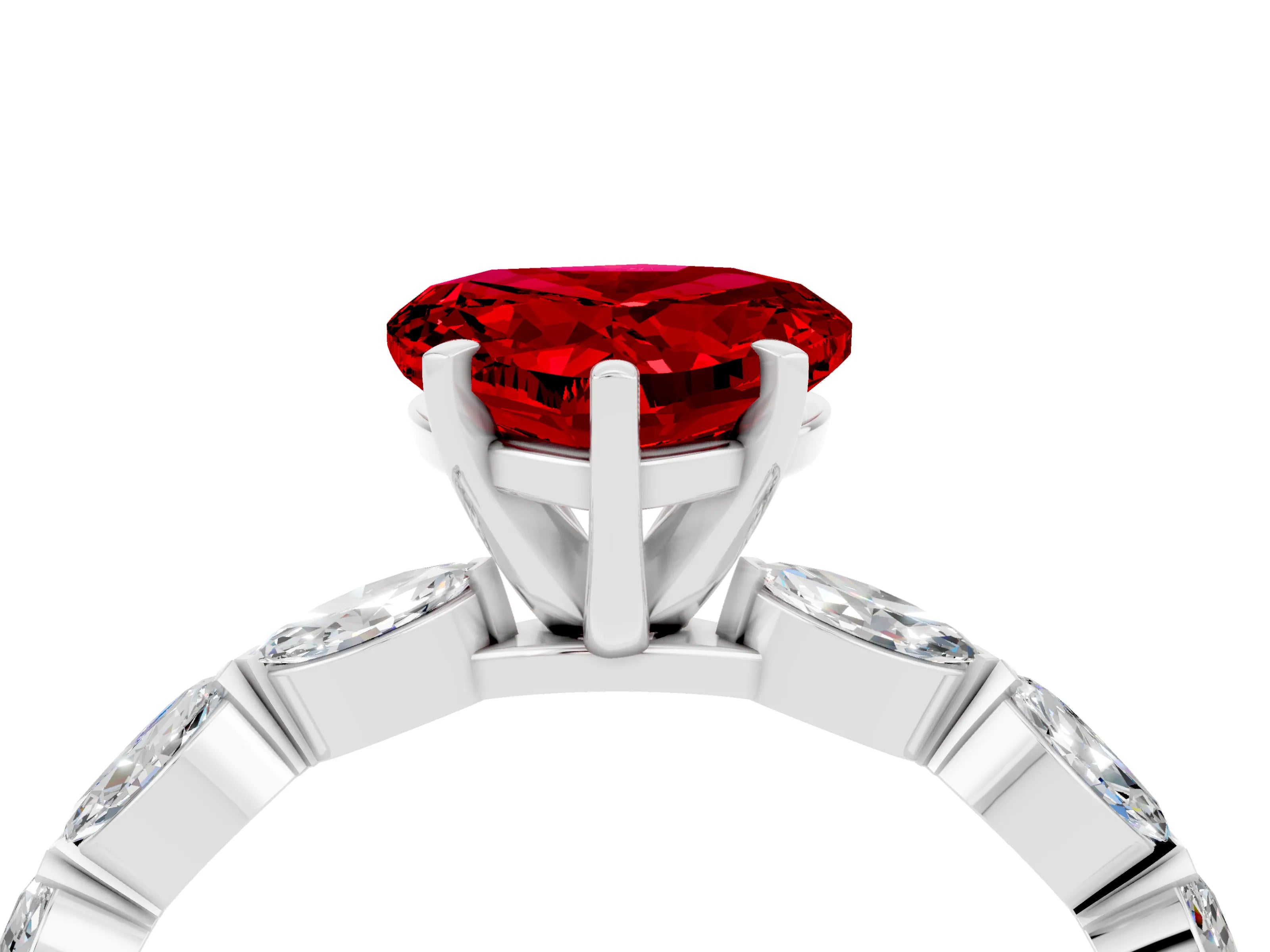 White gold Heart Cut Ruby Ring with Marquise Side Stones and Prong Setting_4