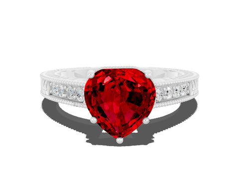 White gold Heart Cut Ruby Ring with Milgrain Pavé Band and Four-Prong Setting_12