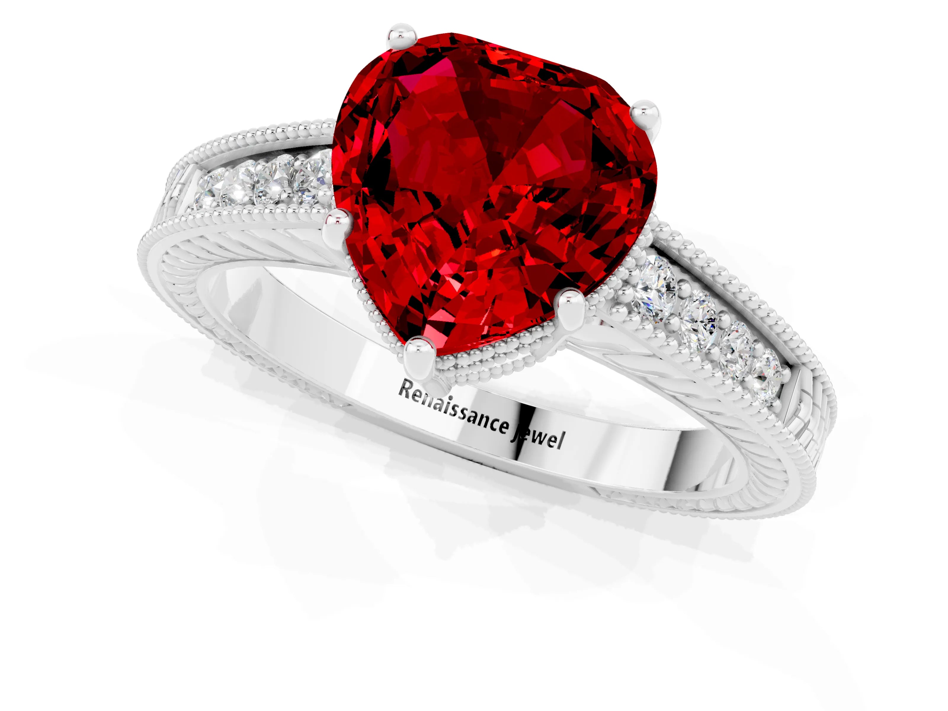 White gold Heart Cut Ruby Ring with Milgrain Pavé Band and Four-Prong Setting_13