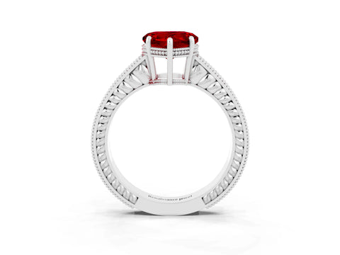 White gold Heart Cut Ruby Ring with Milgrain Pavé Band and Four-Prong Setting_15