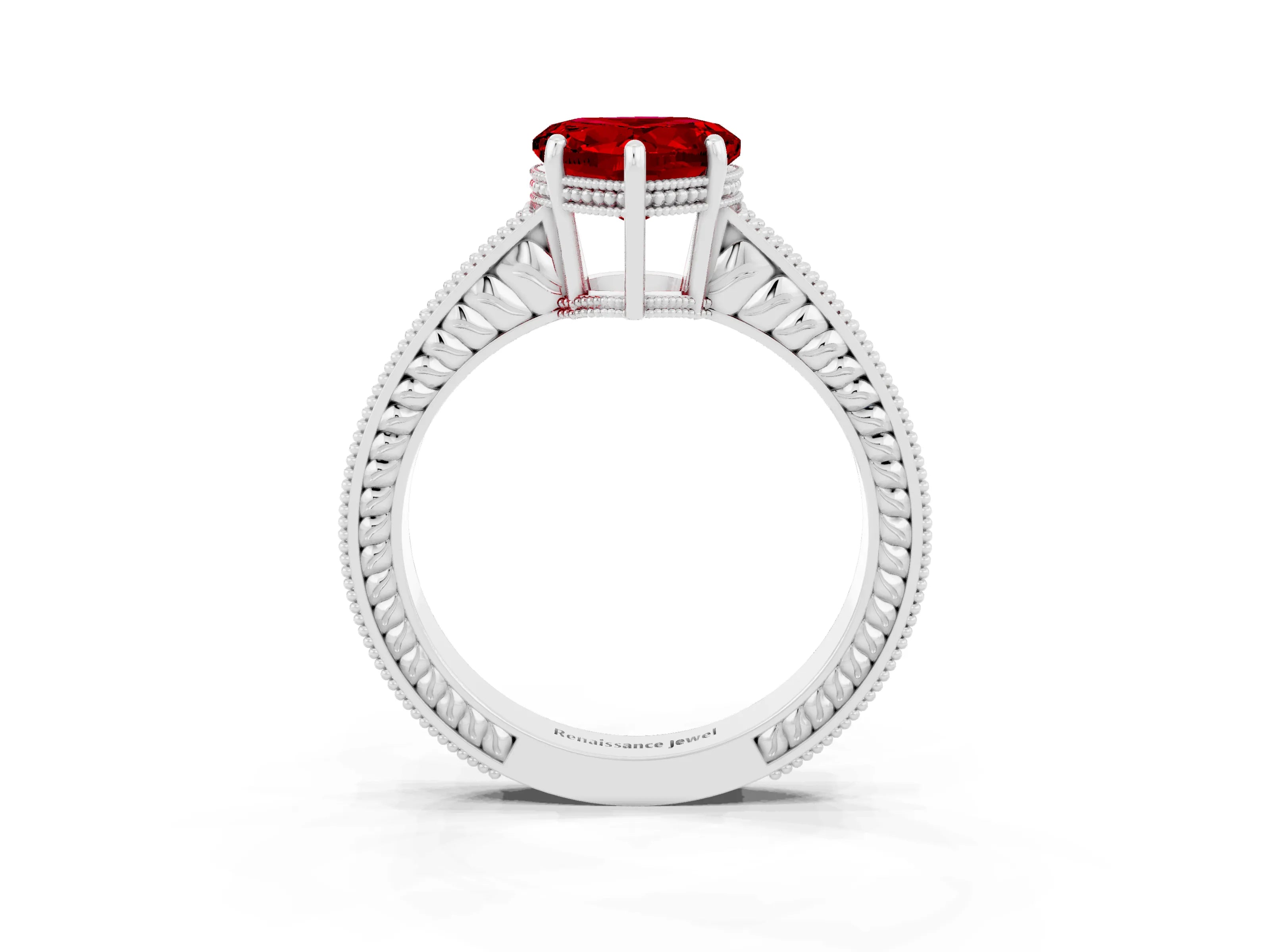 White gold Heart Cut Ruby Ring with Milgrain Pavé Band and Four-Prong Setting_15