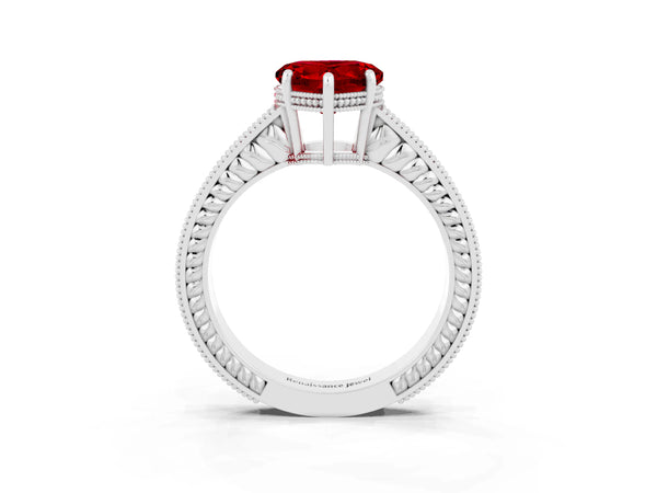 White gold Heart Cut Ruby Ring with Milgrain Pavé Band and Four-Prong Setting