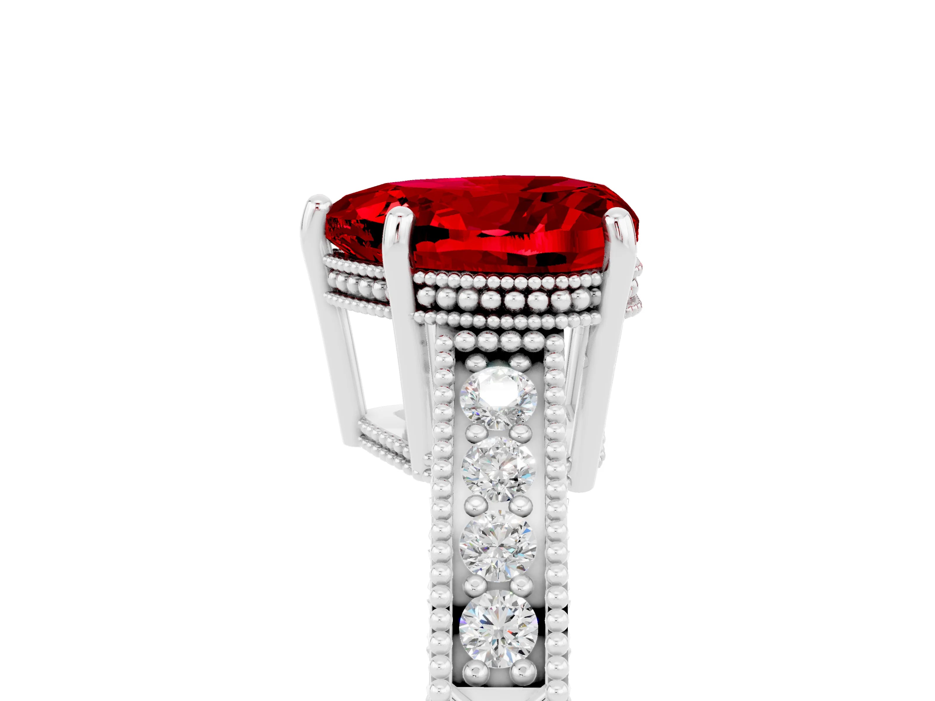 White gold Heart Cut Ruby Ring with Milgrain Pavé Band and Four-Prong Setting_17