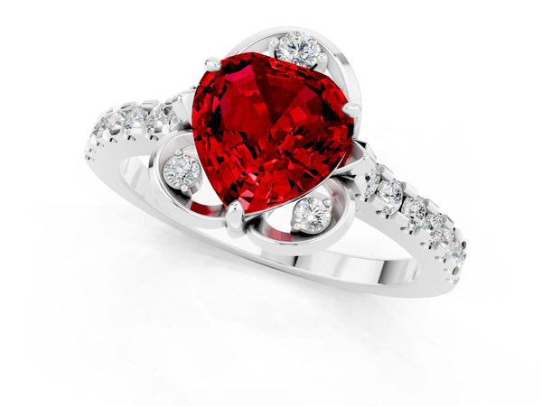 Platinum Heart Cut Ruby Ring with Pavé Band and Floral Prong Setting