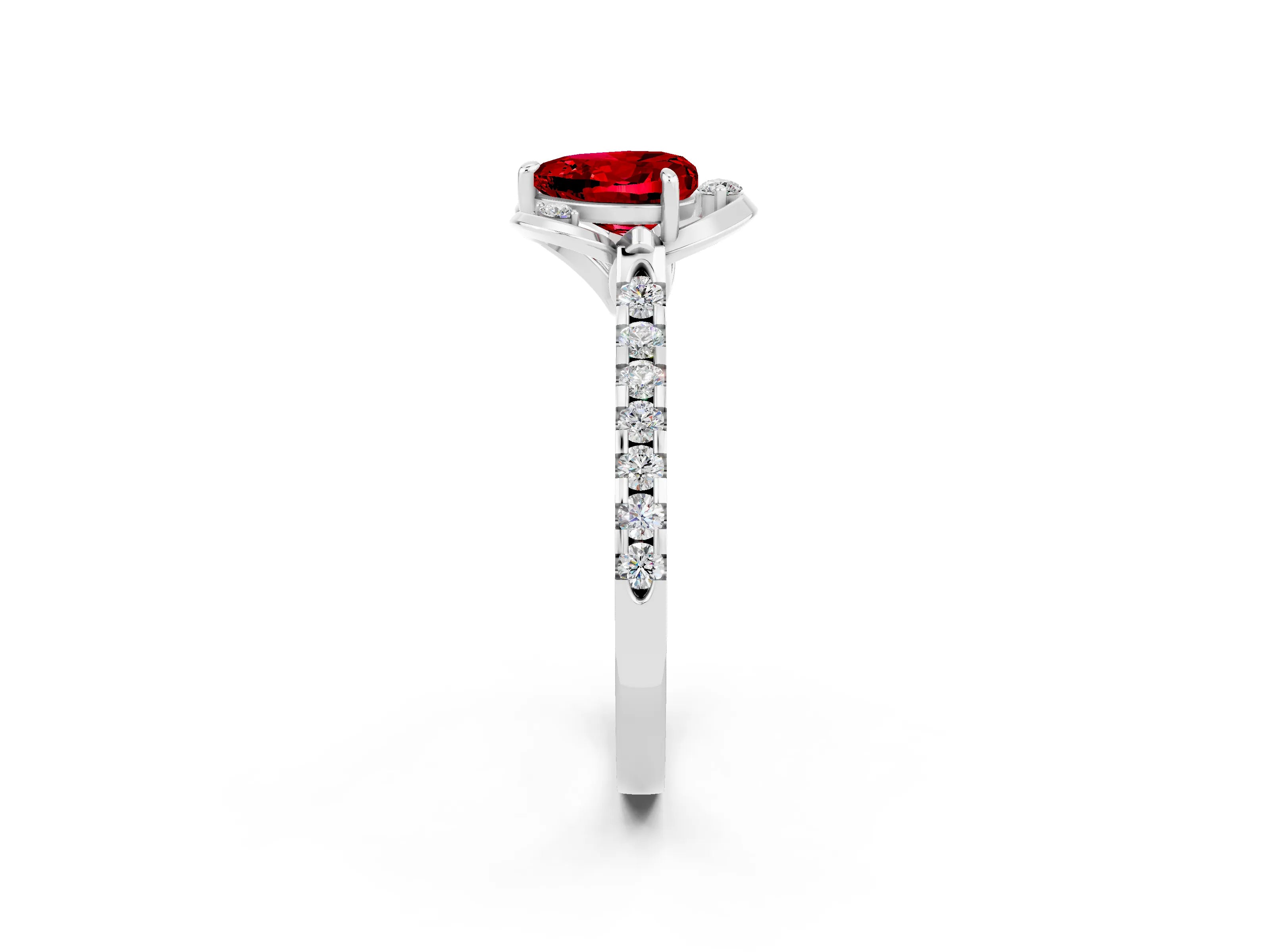 White gold Heart Cut Ruby Ring with Pavé Band and Floral Prong Setting_2
