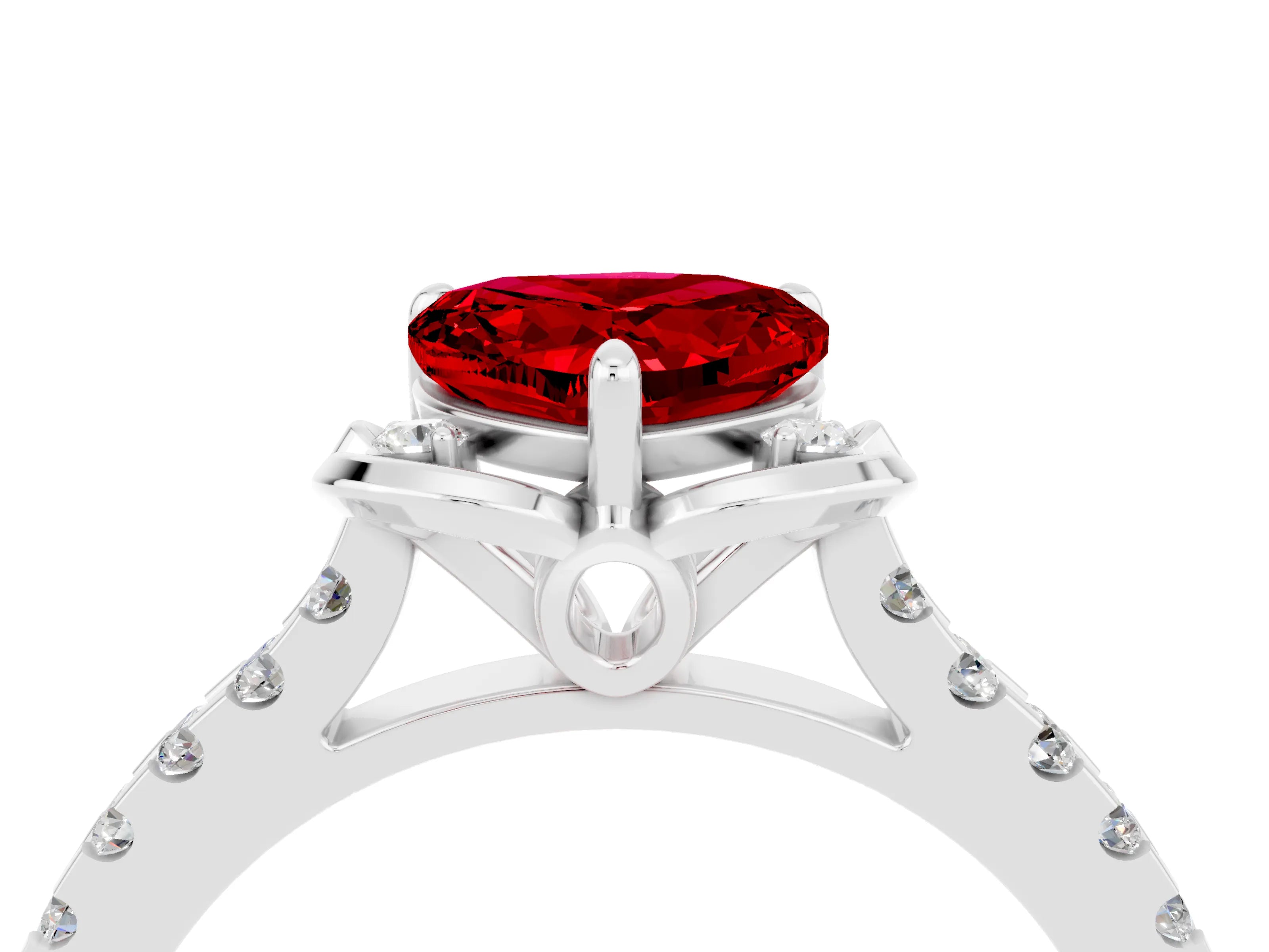 White gold Heart Cut Ruby Ring with Pavé Band and Floral Prong Setting_4