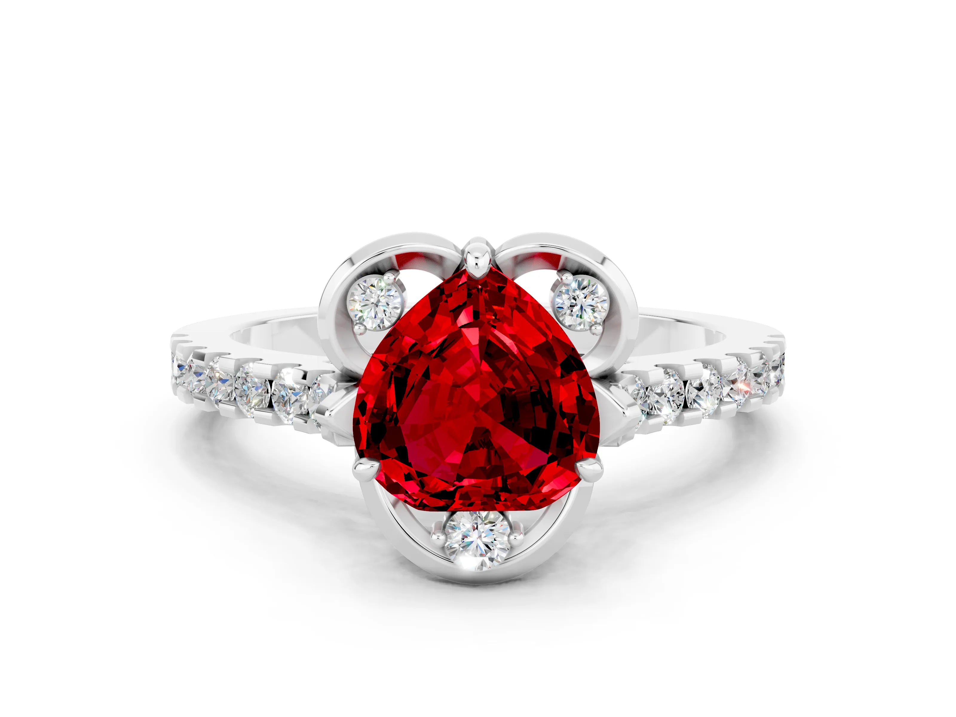 White gold Heart Cut Ruby Ring with Pavé Band and Floral Prong Setting