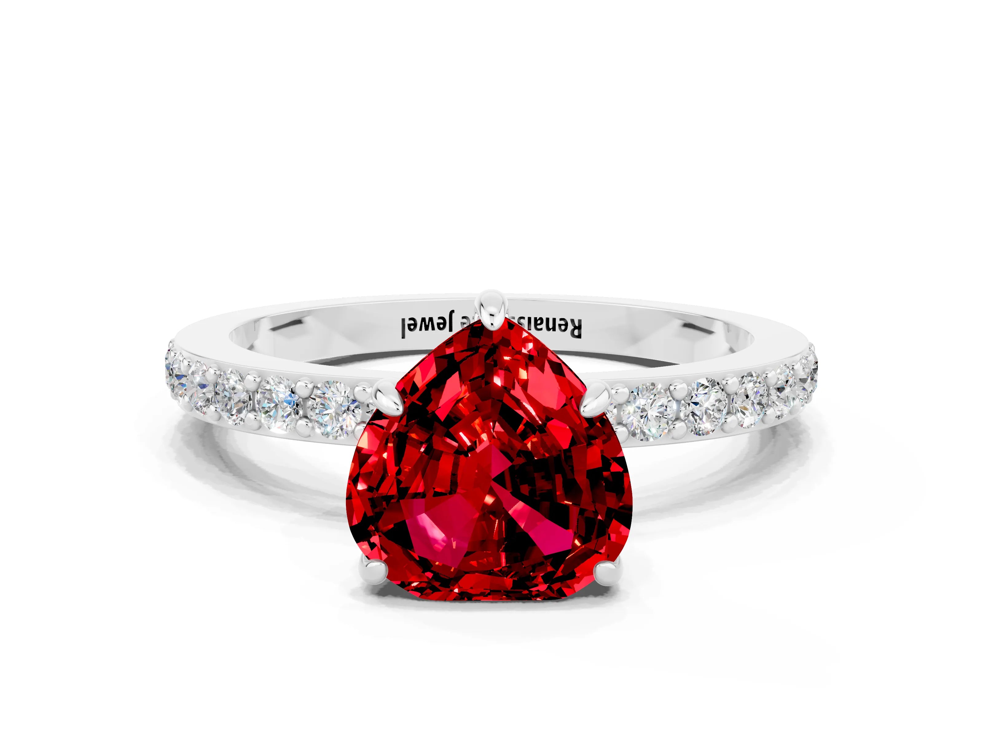 White gold Heart Cut Ruby Ring with Pavé Band and Four-Prong Setting