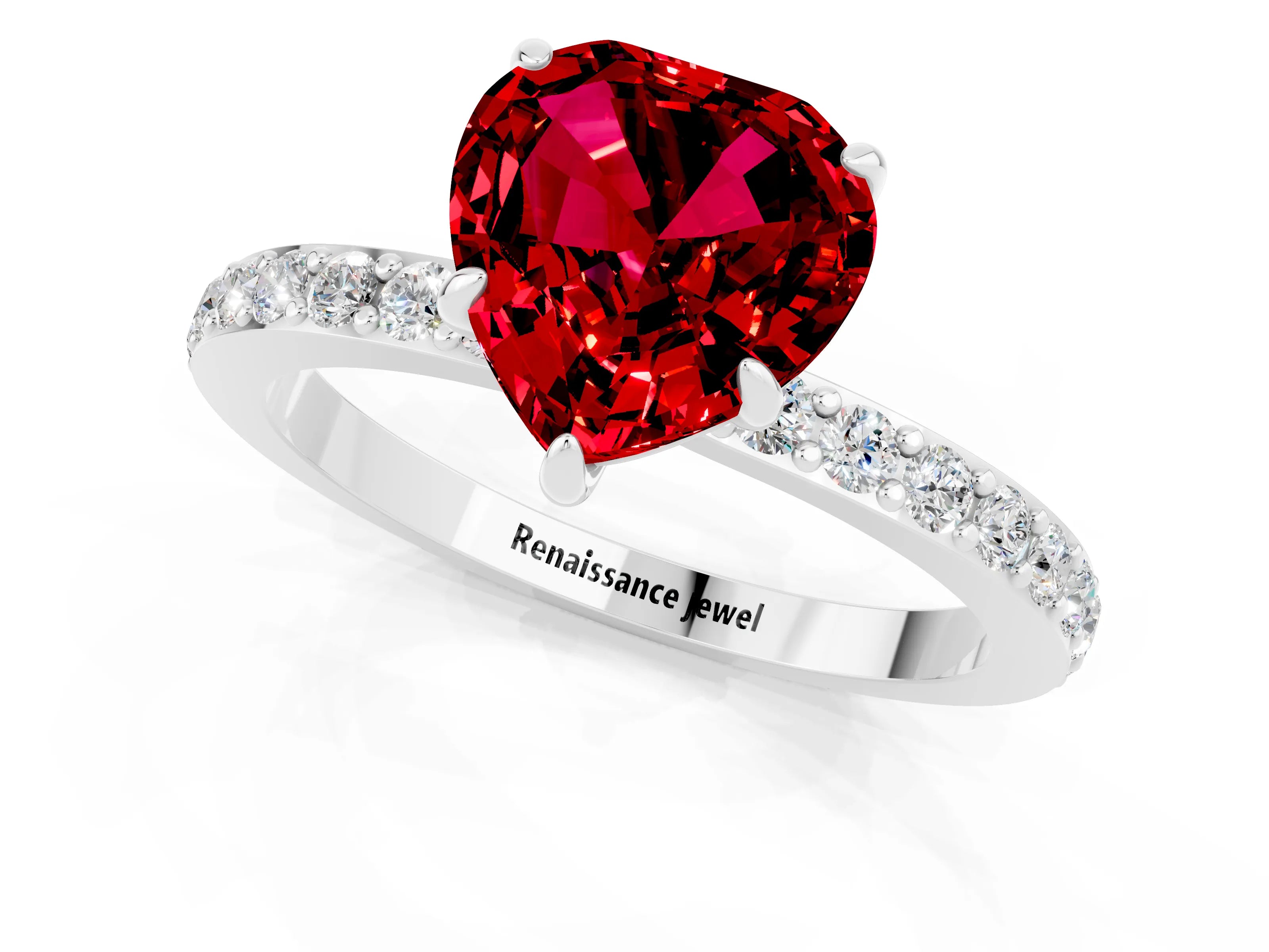 White gold Heart Cut Ruby Ring with Pavé Band and Four-Prong Setting_1