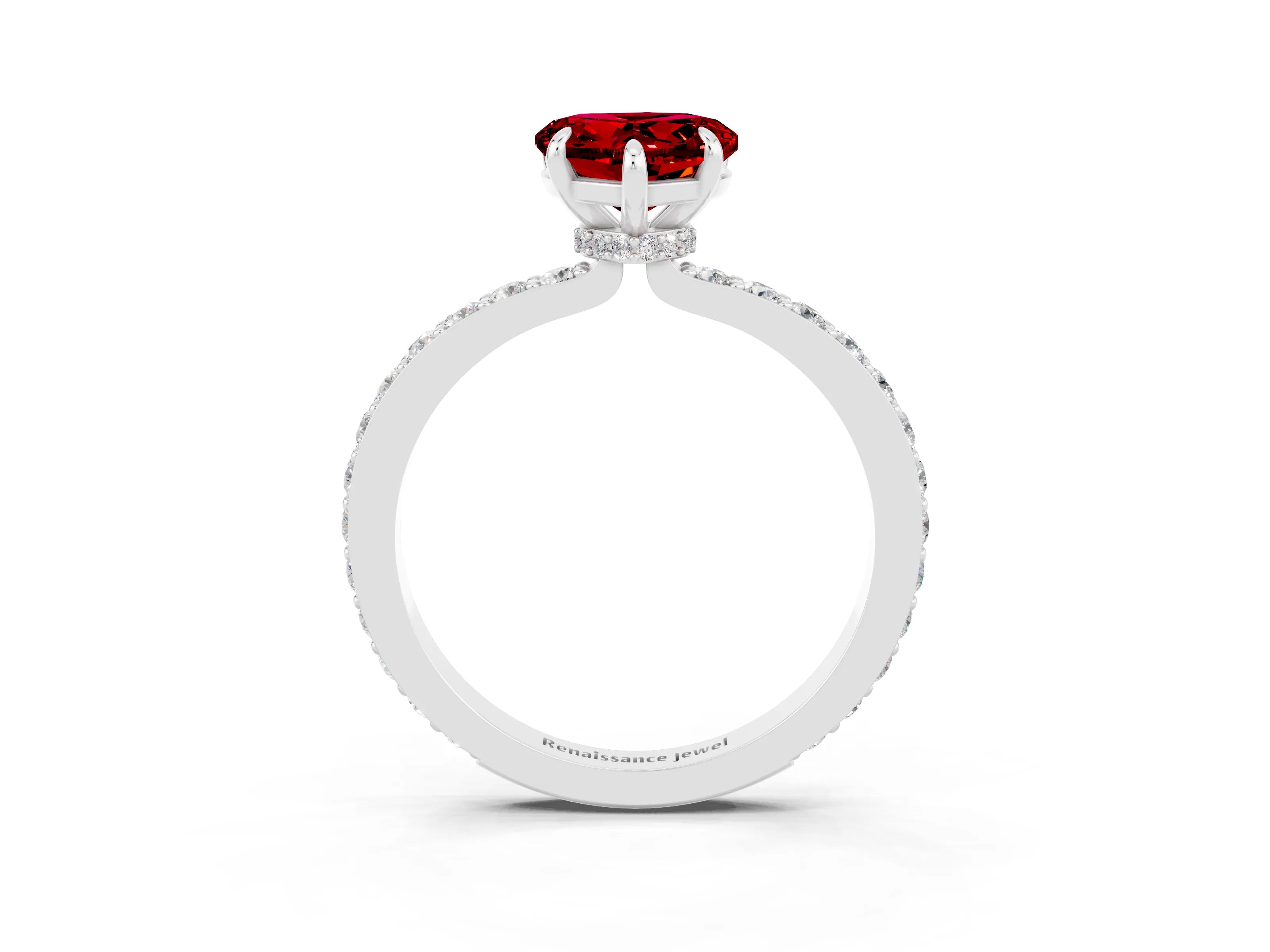 White gold Heart Cut Ruby Ring with Pavé Band and Four-Prong Setting_3