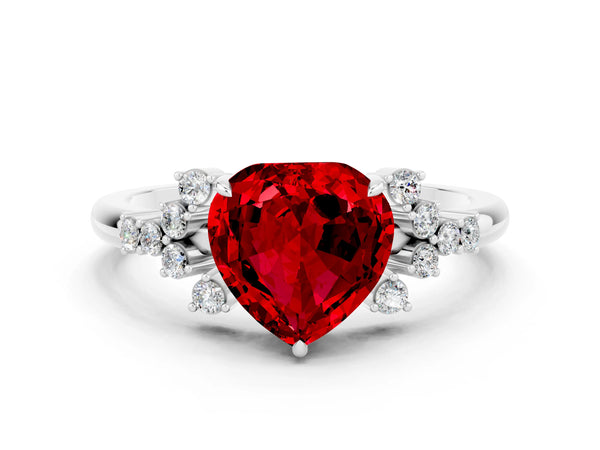 Platinum Heart Cut Ruby Ring with Side Stones and Four-Prong Setting