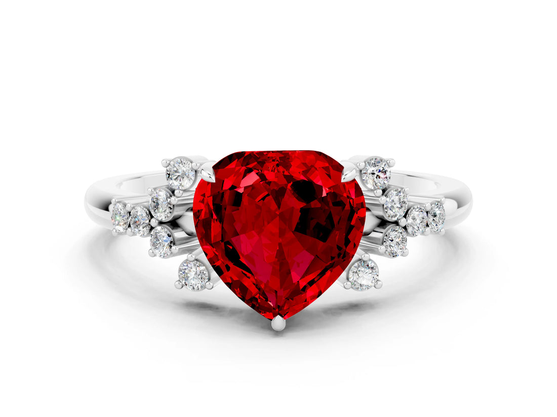 White gold Heart Cut Ruby Ring with Side Stones and Four-Prong Setting_36