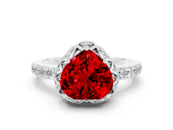 Platinum Heart Cut Ruby Scalloped Halo Engagement Ring with Round Shared Prong Band