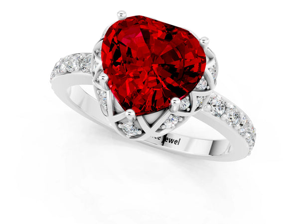Platinum Heart Cut Ruby Scalloped Halo Engagement Ring with Round Shared Prong Band