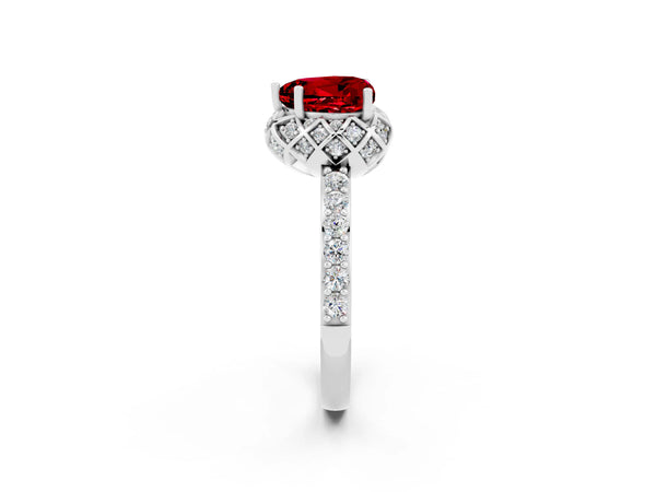 Silver Heart Cut Ruby Scalloped Halo Engagement Ring with Round Shared Prong Band