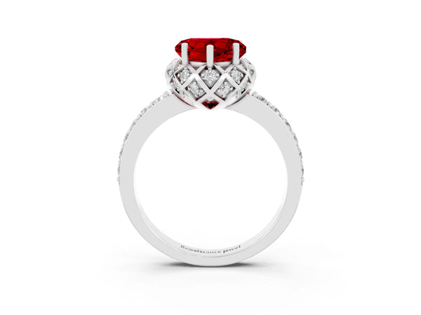 Silver Heart Cut Ruby Scalloped Halo Engagement Ring with Round Shared Prong Band