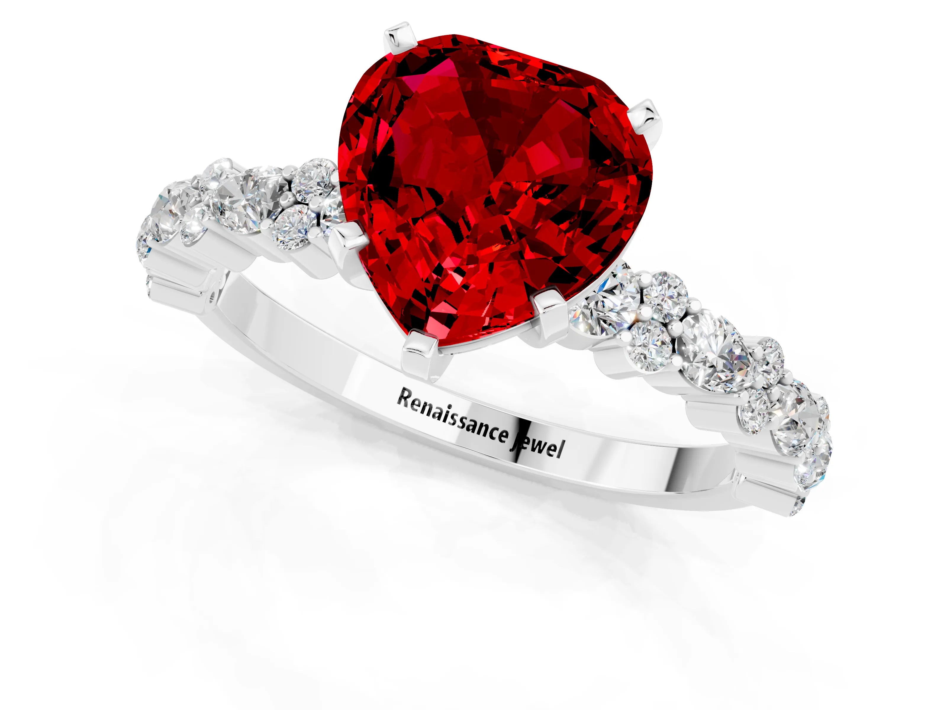 White gold Heart Cut Ruby Side Stone Solitaire Ring with Round  and Four-Prong Setting_49