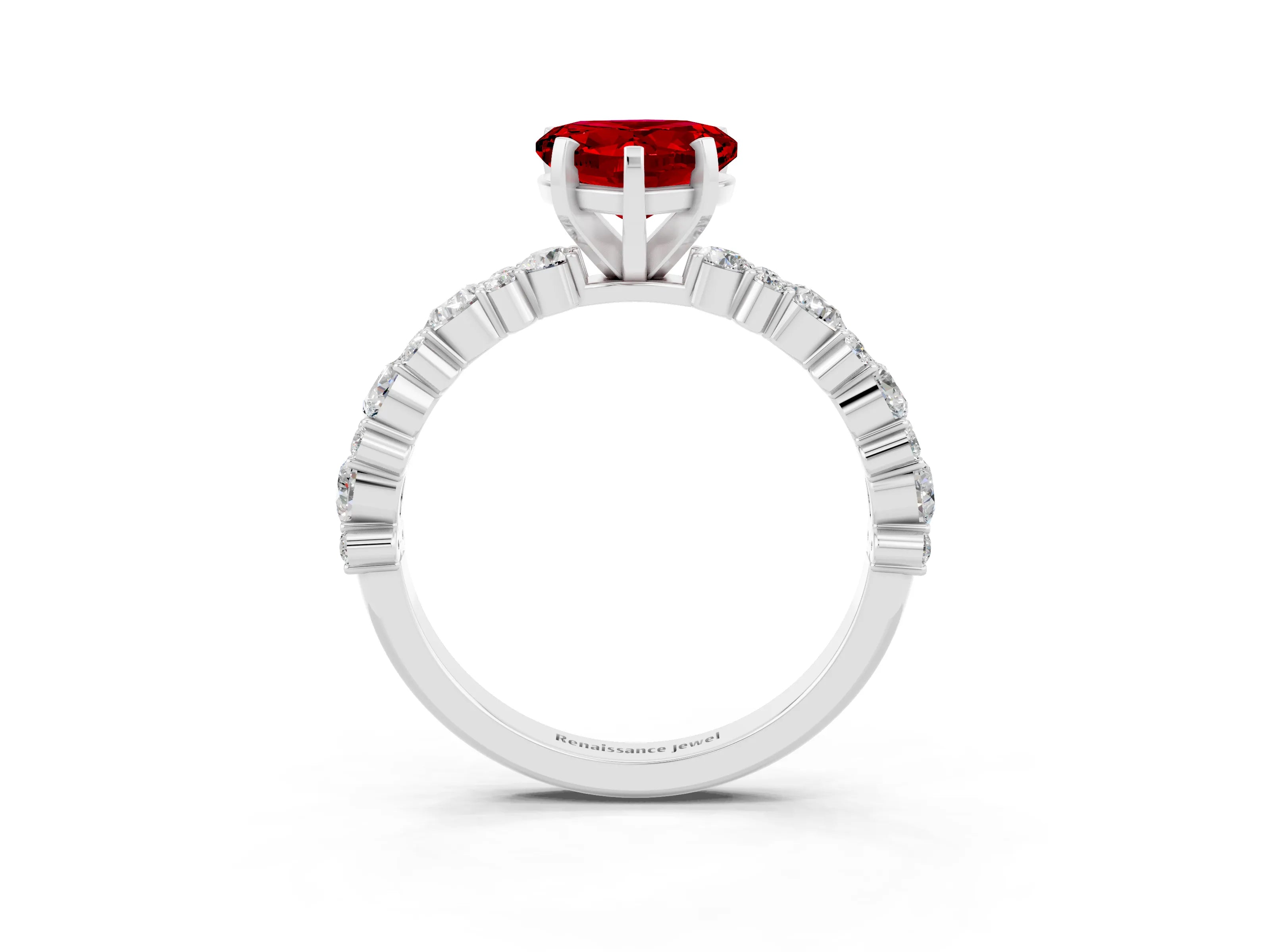 White gold Heart Cut Ruby Side Stone Solitaire Ring with Round  and Four-Prong Setting_51