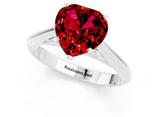 White gold Heart Cut Ruby Solitaire Engagement Ring with Cathedral Setting and Four-Prong Mount