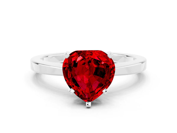 Silver Heart Cut Ruby Solitaire Engagement Ring with Classic Band and Four-Prong Setting