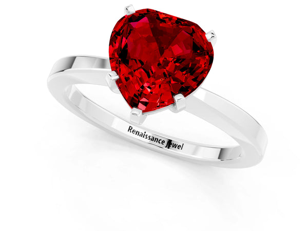 Platinum Heart Cut Ruby Solitaire Engagement Ring with Classic Band and Four-Prong Setting