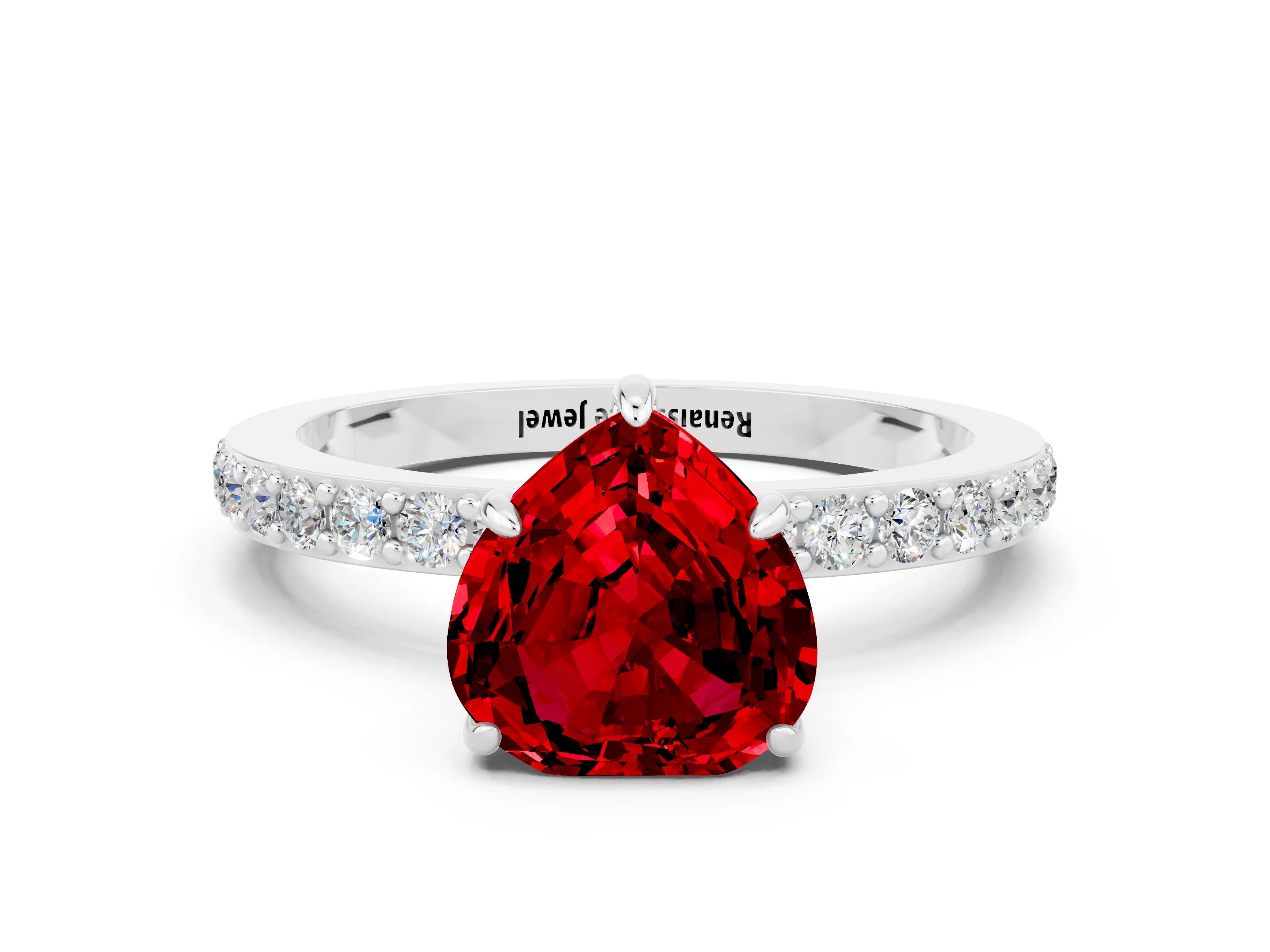 White gold Heart Cut Ruby Solitaire Engagement Ring with Pavé Band and Four-Prong Setting