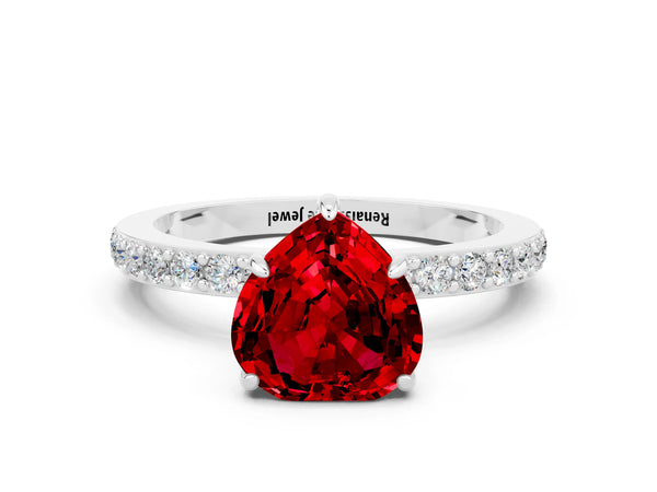 White gold Heart Cut Ruby Solitaire Engagement Ring with Pavé Band and Four-Prong Setting