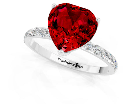 White gold Heart Cut Ruby Solitaire Engagement Ring with Pavé Band and Prong Setting_1
