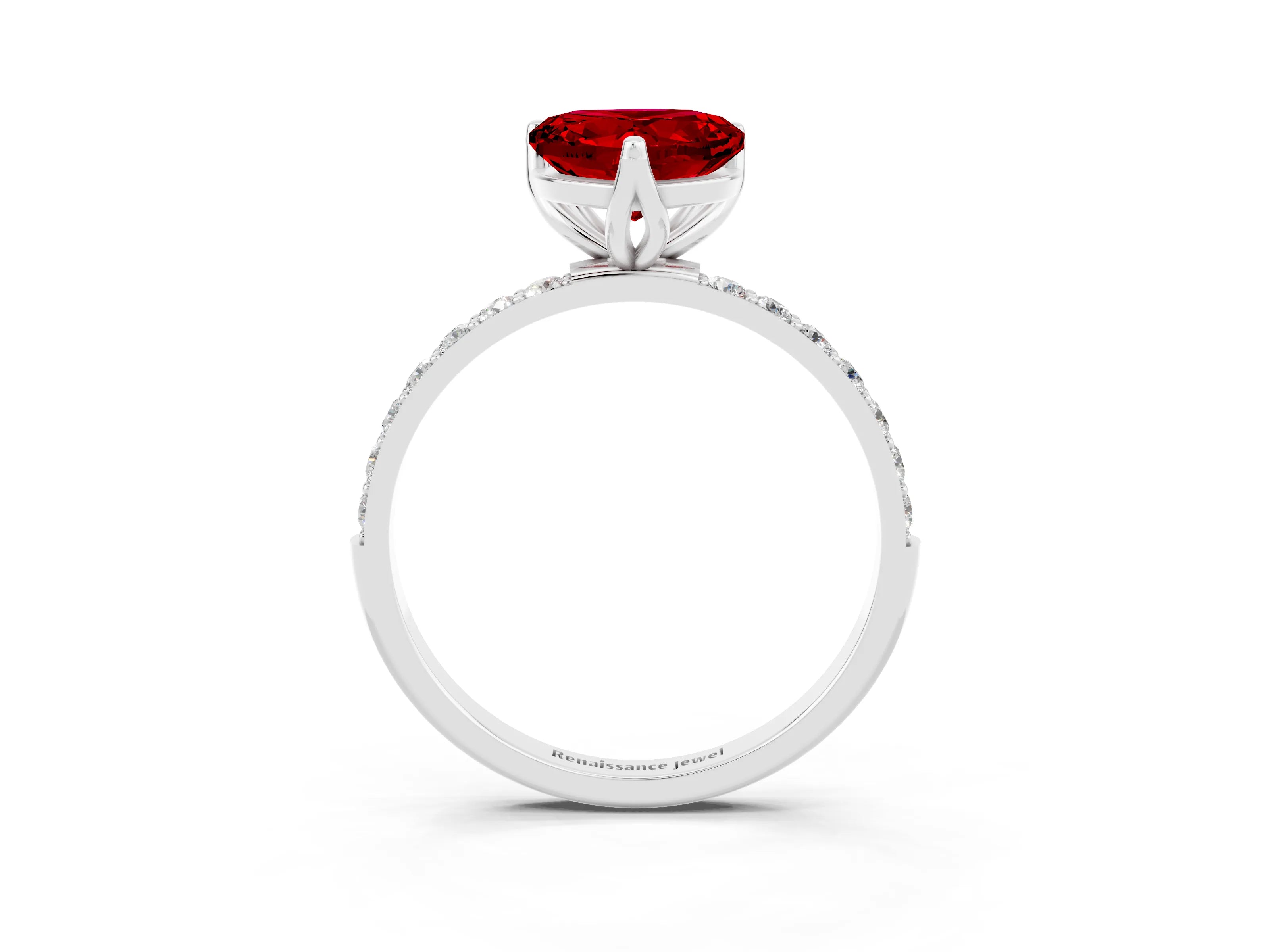 White gold Heart Cut Ruby Solitaire Engagement Ring with Pavé Band and Prong Setting_3