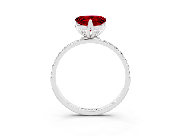 White gold Heart Cut Ruby Solitaire Engagement Ring with Round  Pavé Band and Prong Setting