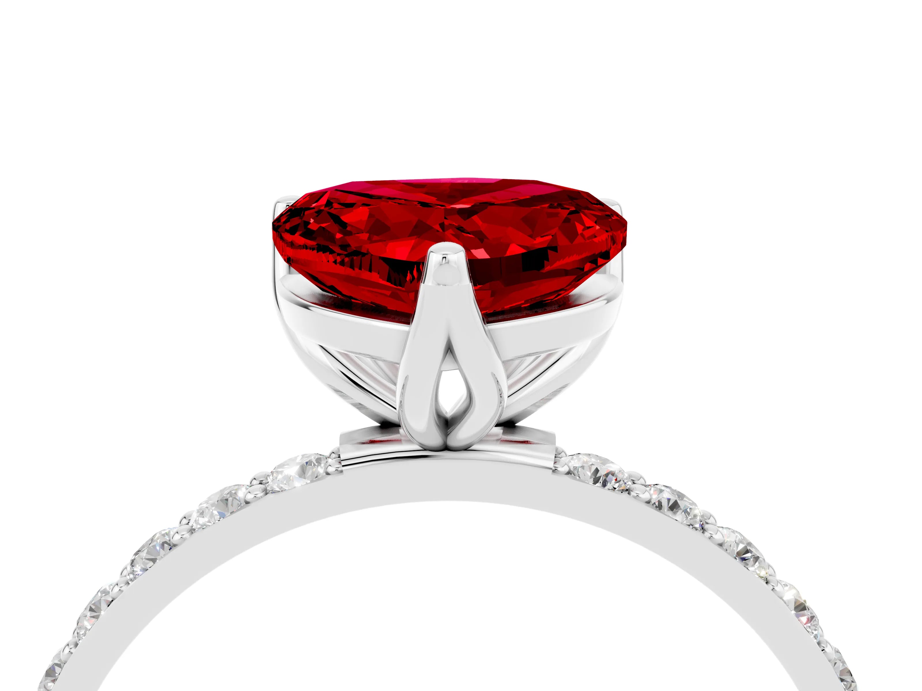 White gold Heart Cut Ruby Solitaire Engagement Ring with Pavé Band and Prong Setting_4