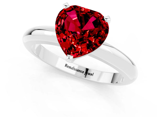 White gold Heart Cut Ruby Solitaire Engagement Ring with Round Band and Four-Prong Setting