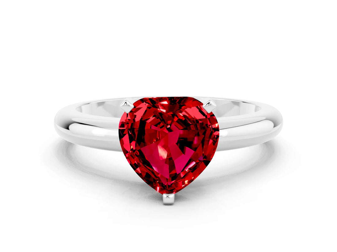 White gold Heart Cut Ruby Solitaire Engagement Ring with Round Band and Four-Prong Setting