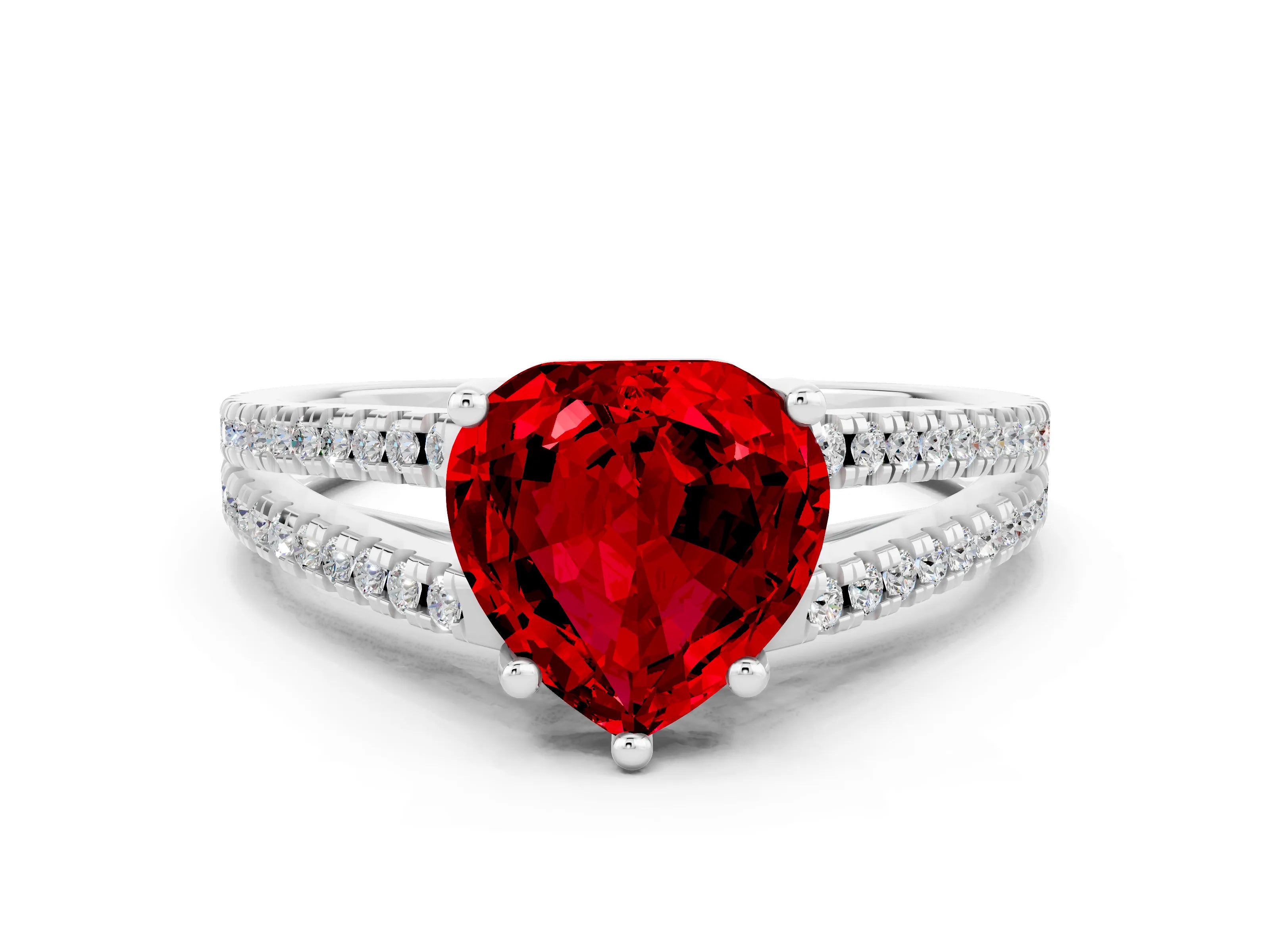 White gold Heart Cut Ruby Solitaire Engagement Ring with Split Shank Pavé Band