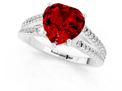 White gold Heart Cut Ruby Solitaire Engagement Ring with Split Shank Pavé Band_1