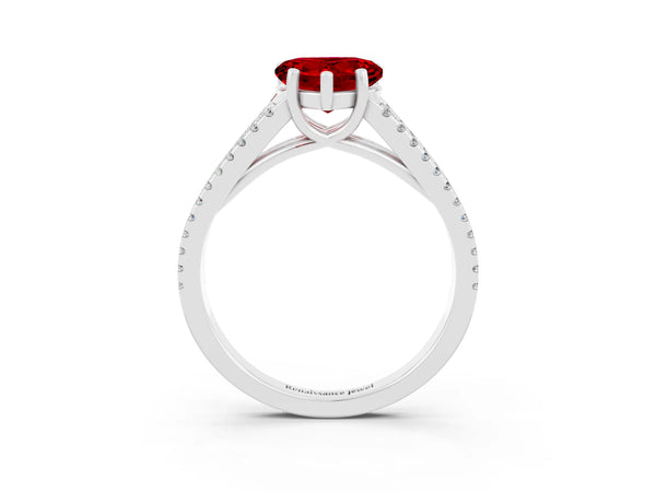 Platinum Heart Cut Ruby Solitaire Engagement Ring with Split Shank Pavé Band