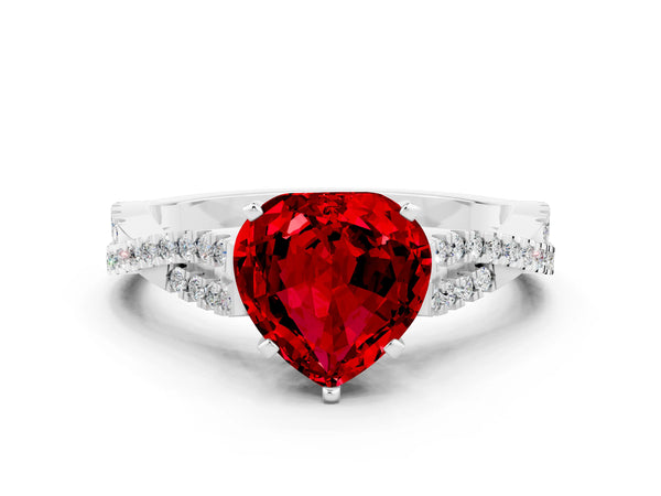 Platinum Heart Cut Ruby Solitaire Engagement Ring with Twisted Pavé Band and Four-Prong Setting