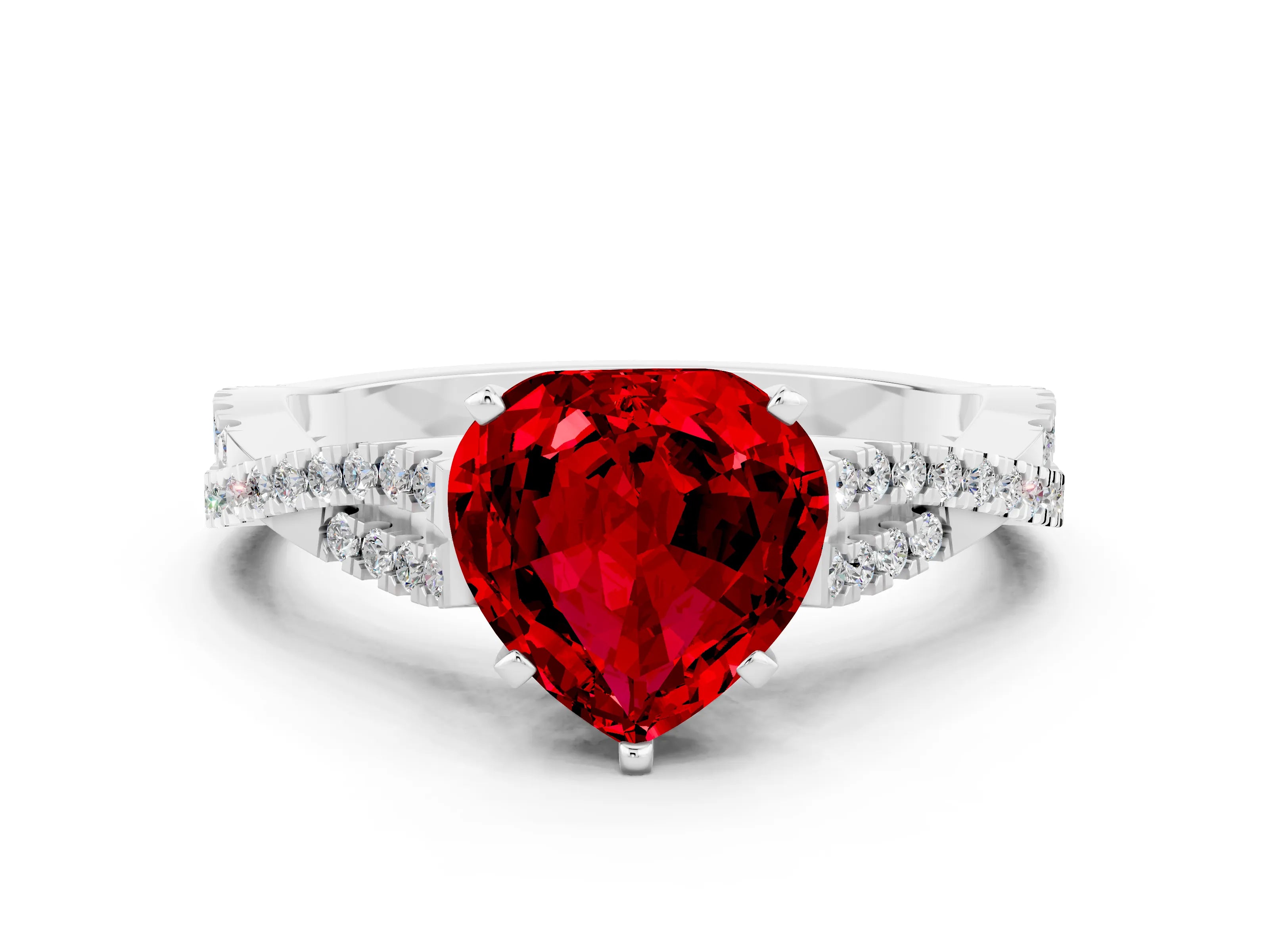White gold Heart Cut Ruby Solitaire Engagement Ring with Twisted Pavé Band and Four-Prong Setting_12