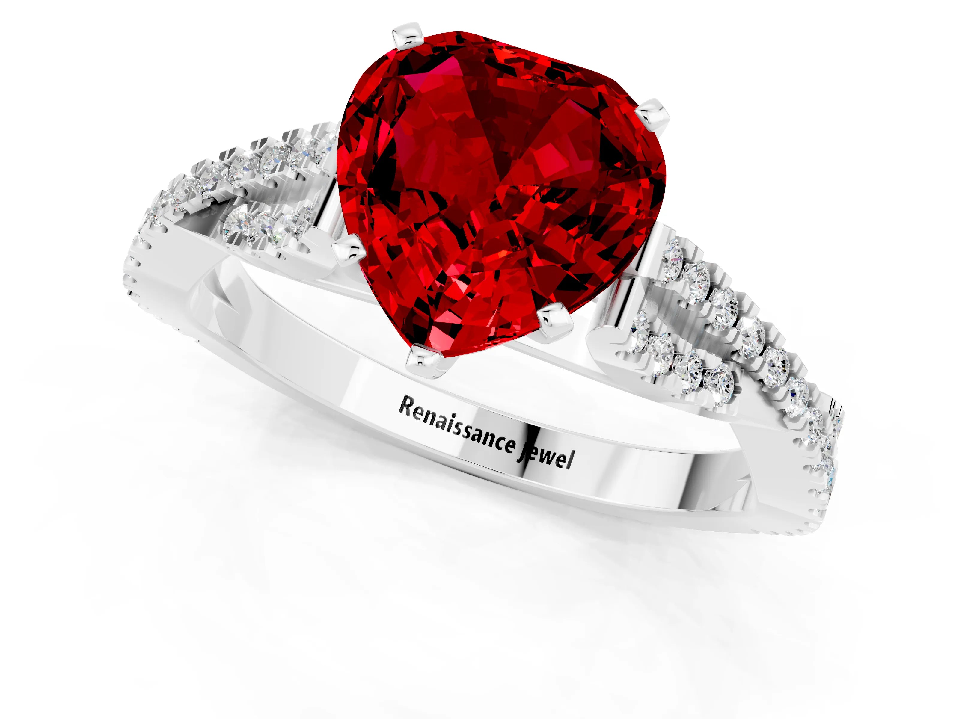 White gold Heart Cut Ruby Solitaire Engagement Ring with Twisted Pavé Band and Four-Prong Setting_13