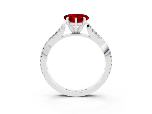 Silver Heart Cut Ruby Solitaire Engagement Ring with Twisted Pavé Band and Four-Prong Setting