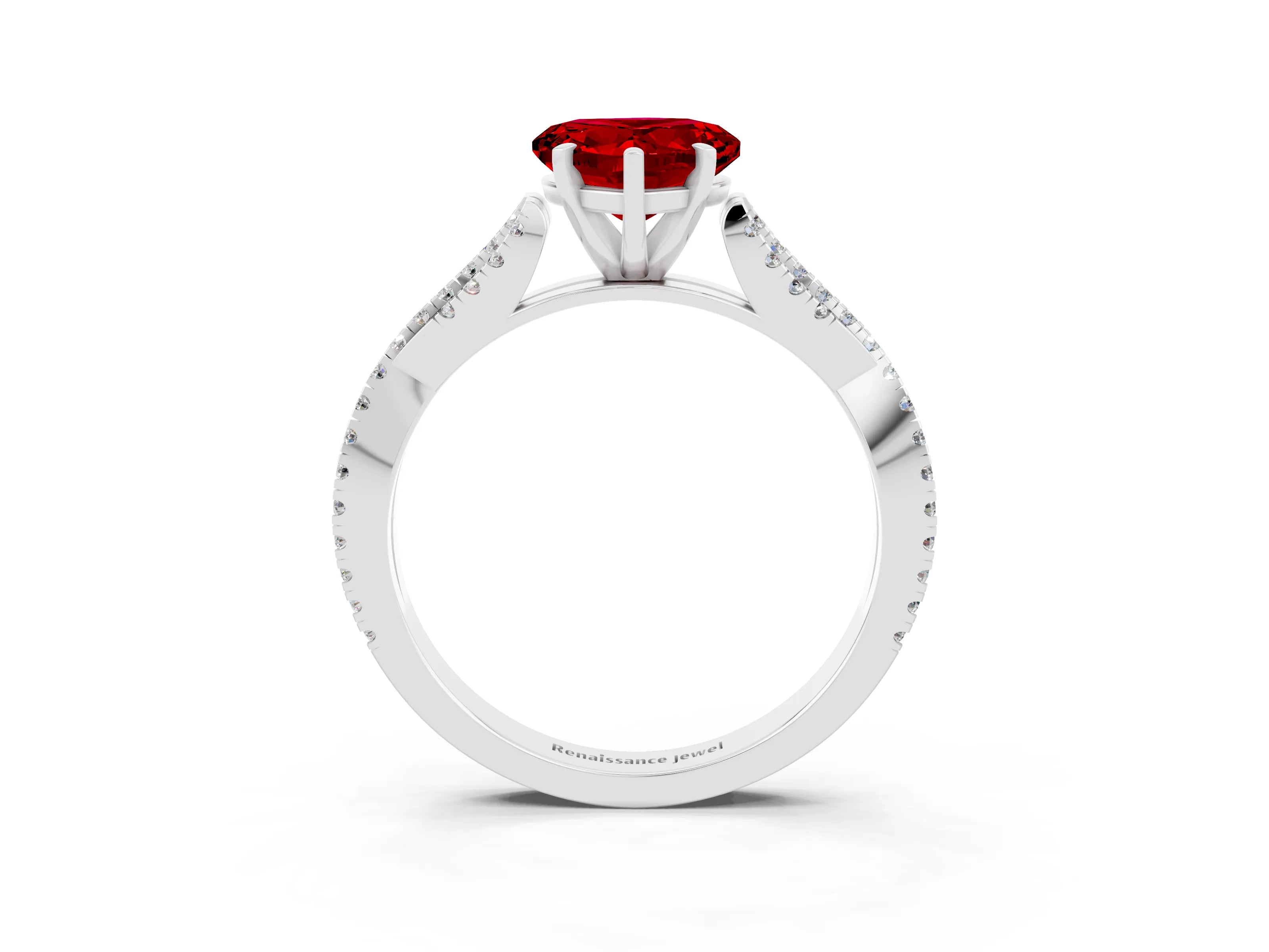 White gold Heart Cut Ruby Solitaire Engagement Ring with Twisted Pavé Band and Four-Prong Setting_15