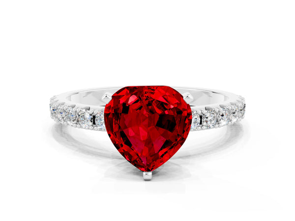 White gold Heart Cut Ruby Solitaire Pavé Band with Four-Prong Setting