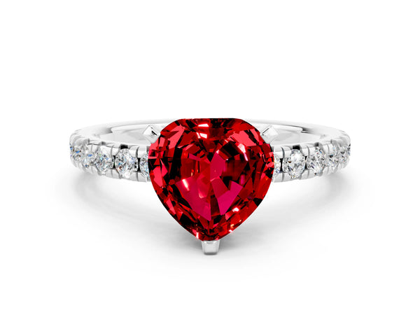 Silver Heart Cut Ruby Solitaire Pavé Engagement Ring with Round Band and Prong Setting