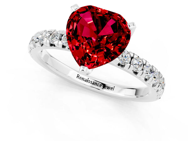 Platinum Heart Cut Ruby Solitaire Pavé Engagement Ring with Round Band and Prong Setting