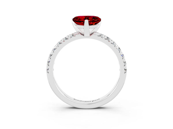Silver Heart Cut Ruby Solitaire Pavé Engagement Ring with Round Band and Prong Setting