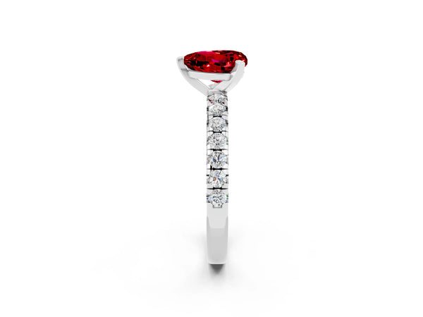 White gold Heart Cut Ruby Solitaire Pavé Engagement Ring with Round Band and Prong Setting