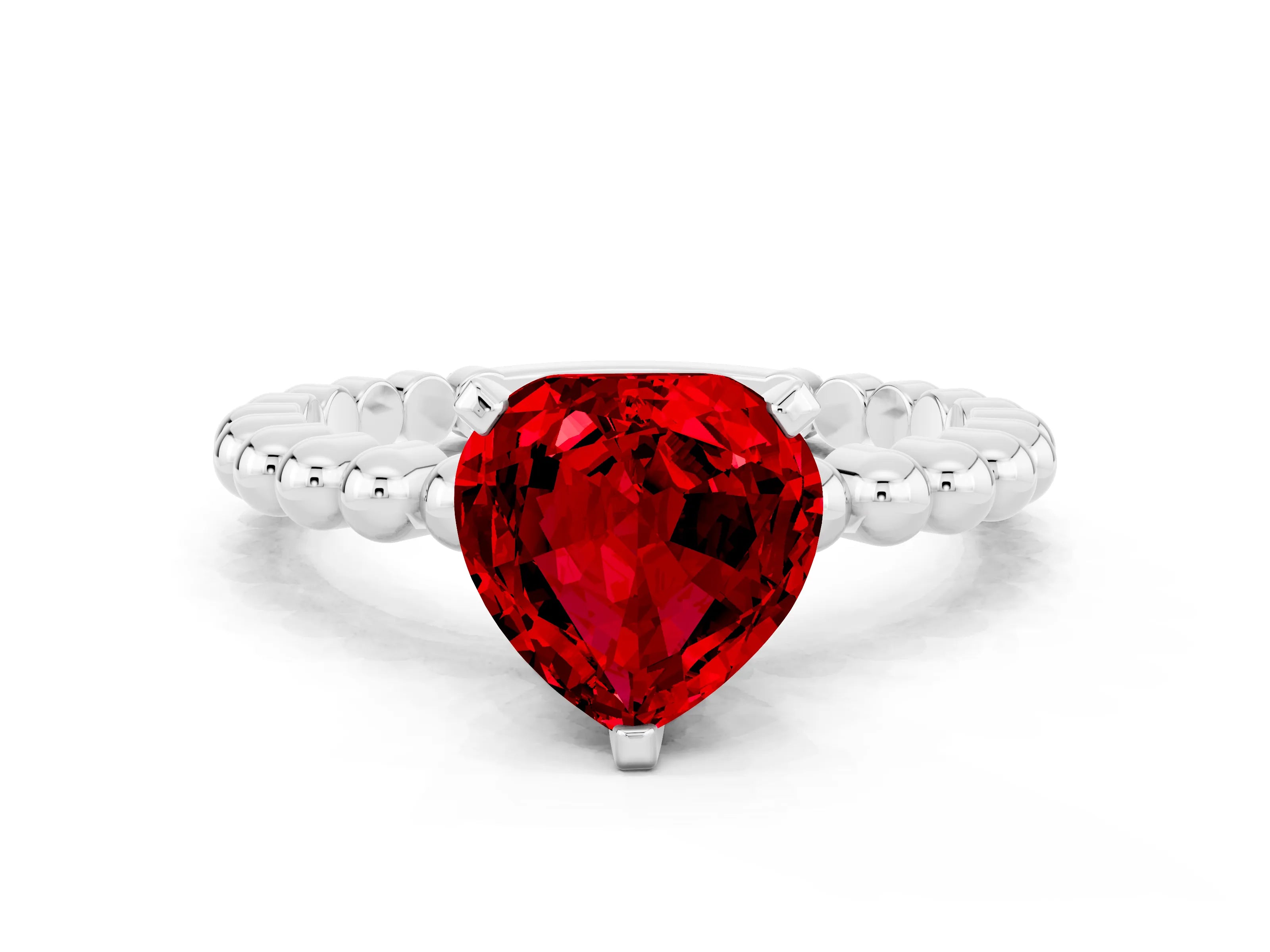 White gold Heart Cut Ruby Solitaire Ring with Beaded Band and Prong Setting