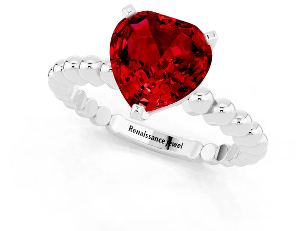 Platinum Heart Cut Ruby Solitaire Ring with Beaded Band and Prong Setting